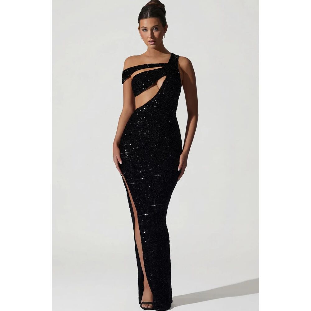 Oh Polly Persephone Embellished Asymmetric Cut-Out Gown in Black. Sz 6.